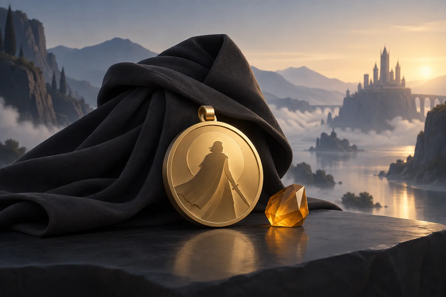 A golden hero medallion and amber crystal beside a dark travelling cloak.
