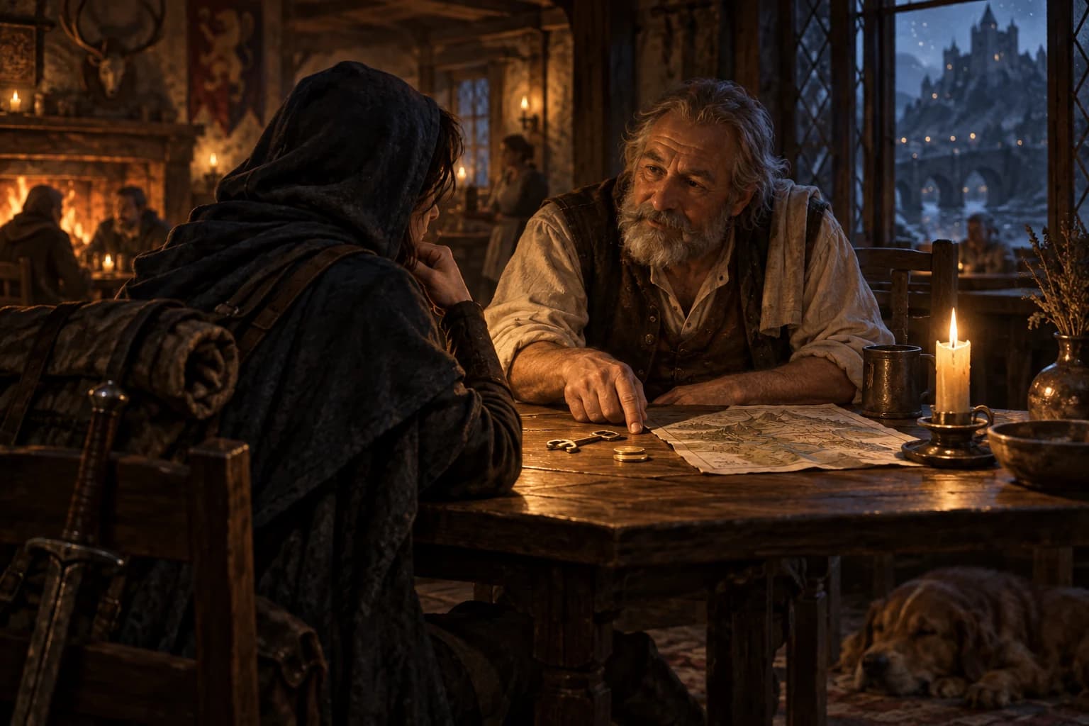 An innkeeper shares a clue with a cloaked traveler over a candlelit table with a map, key and coins.