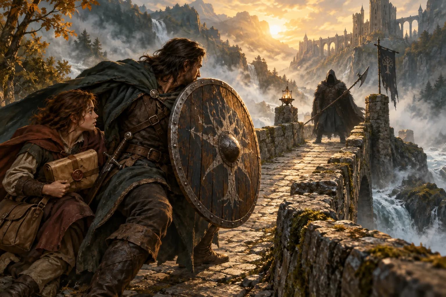 An adventurer shields a courier from a raider blocking a misty stone bridge.