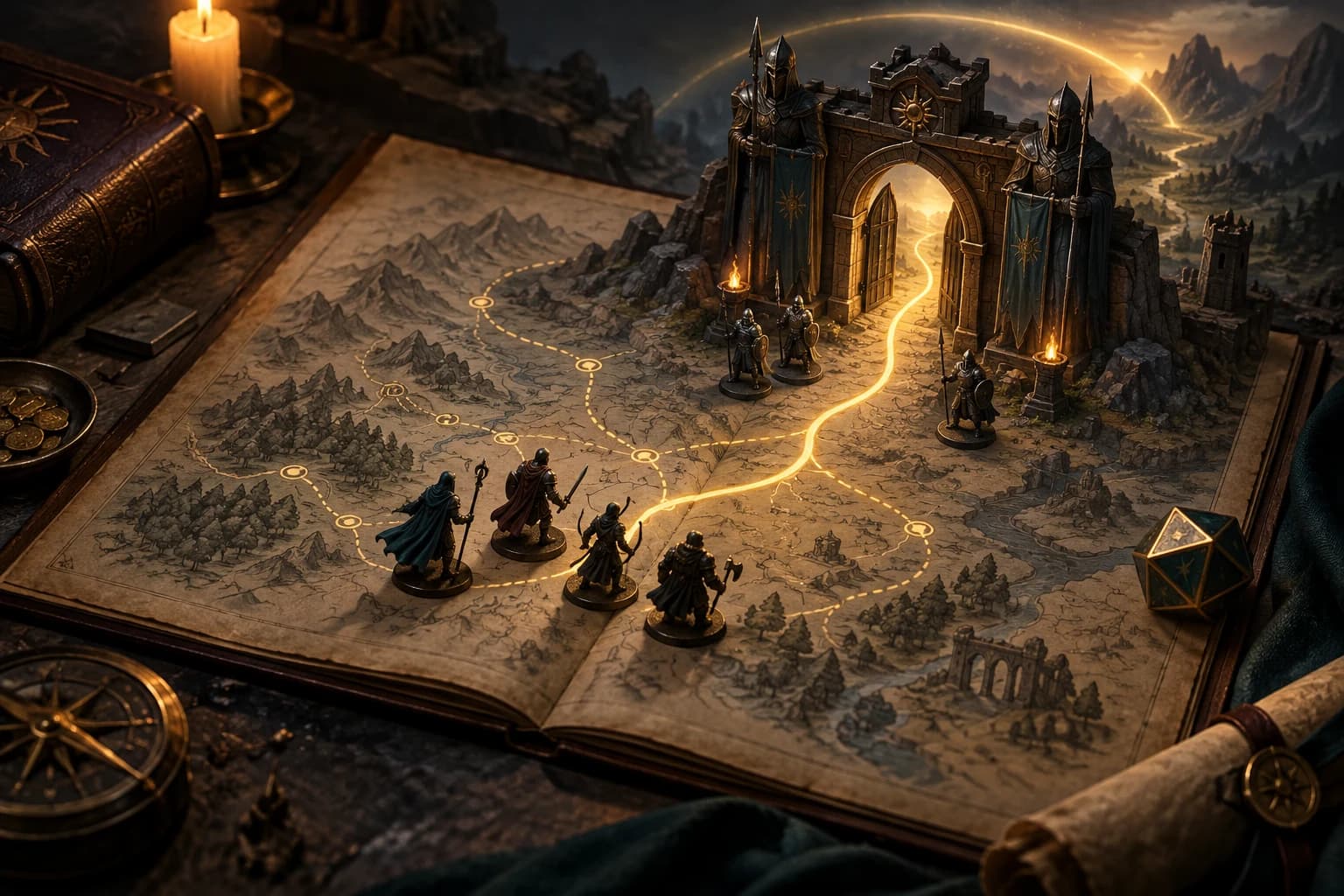 Golden routes converge across a game master's open map toward a glowing gateway, surrounded by miniature adventurers and dice.