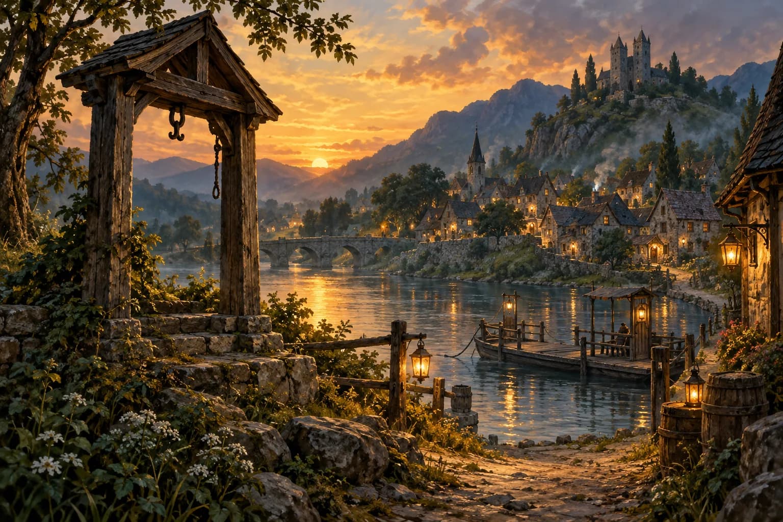 An empty bell frame overlooks a riverside village and ferry at dusk.