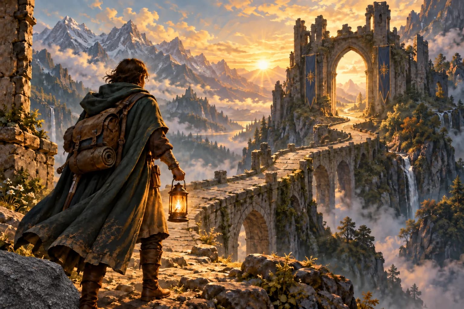 A traveler carries a lantern toward a mountain gateway at sunrise.